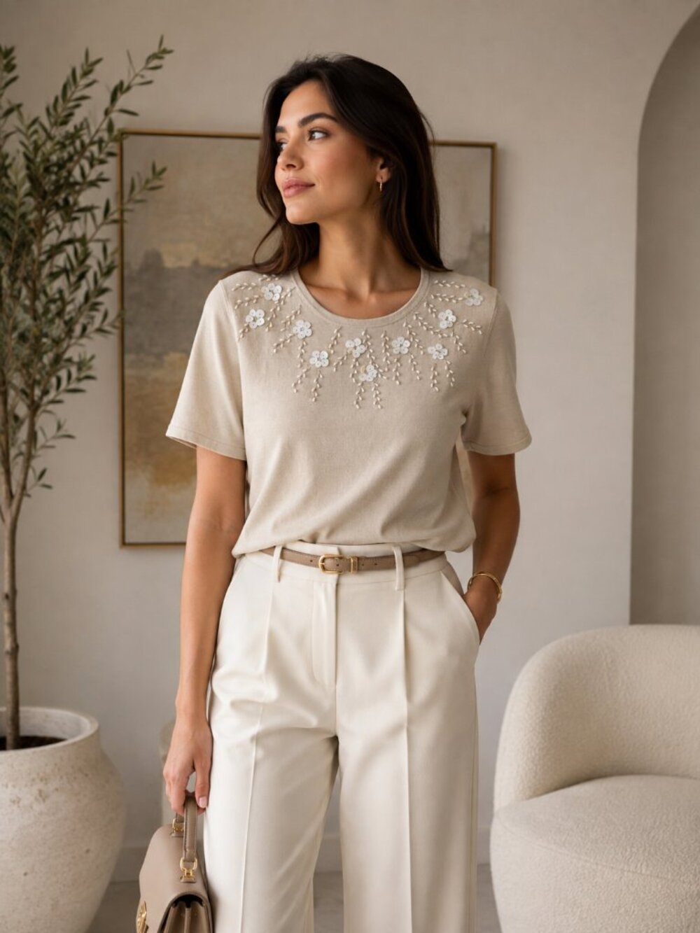 Lafayette 148 New York Silk Beige Beaded Shell Sweater NWT